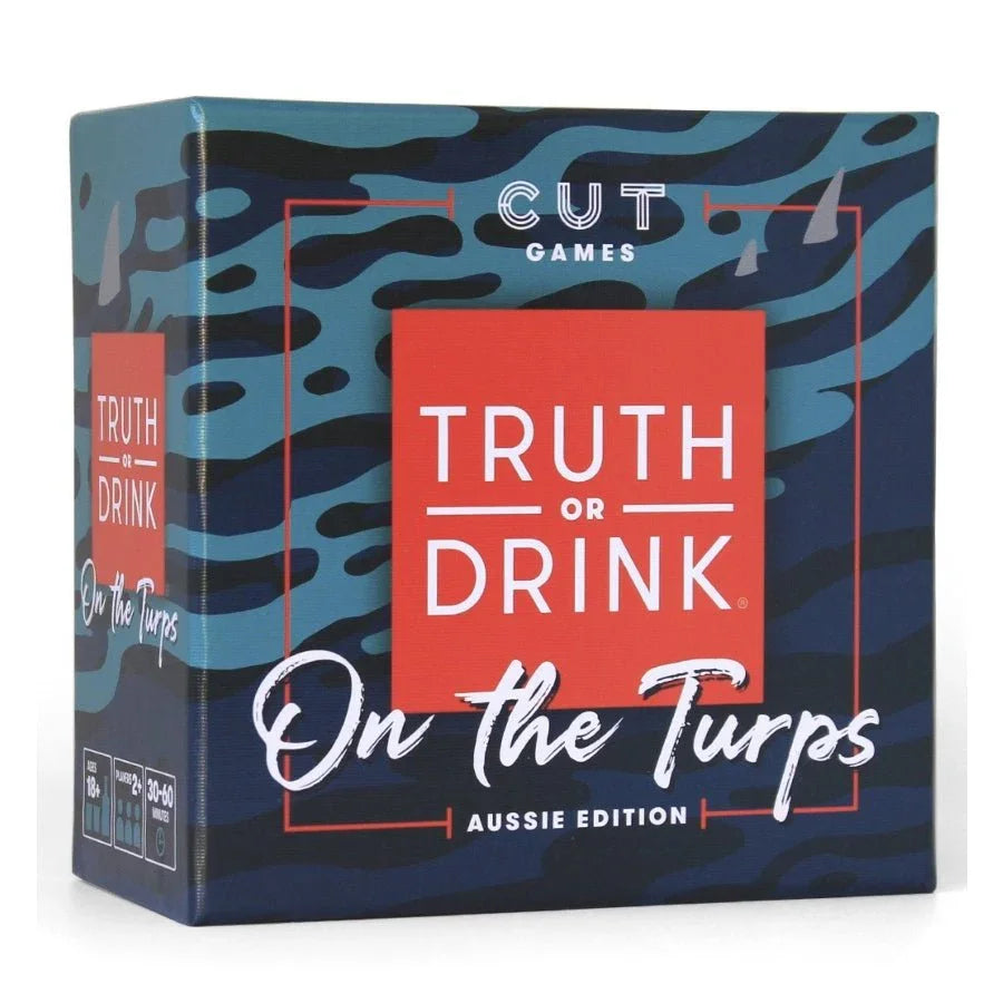 Truth or Drink On the Turps Aussie Edition party game box with blue camo design