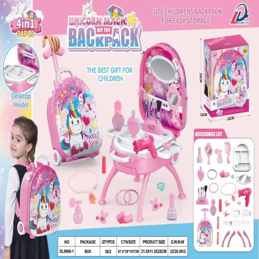 Beauty Makeup Backpack 4 in 1 – kids’ pretend play cosmetic set with toy makeup tools and portable vanity backpack design.