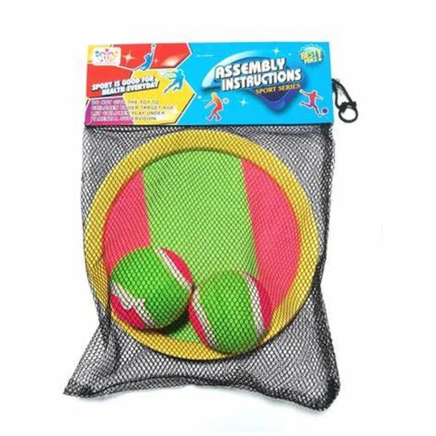 Velcro Catch Ball Game Set in Net Bag – classic outdoor throw & catch toy with 2 paddles and ball, fun for kids, families, and beach or backyard play.