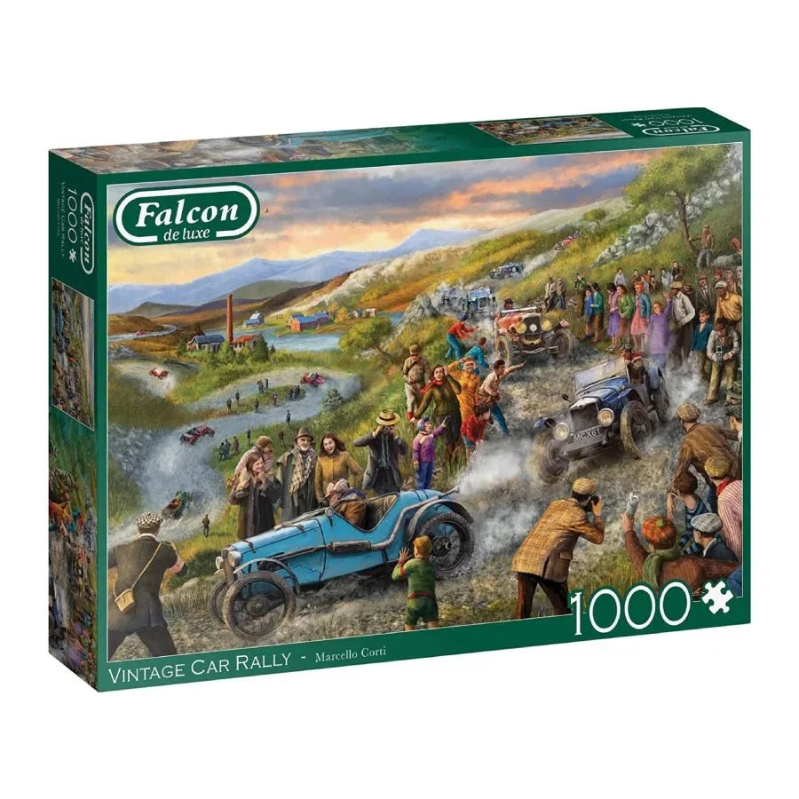 Vintage Car Rally 1000 piece jigsaw puzzle with classic retro cars and countryside scene.