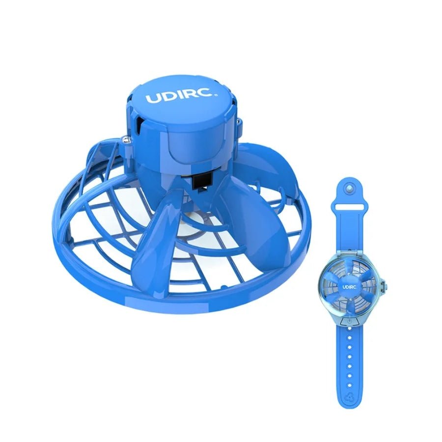 Whirly Watch UFO Drone – blue circular flying drone with protective propeller cage and wearable watch remote controller.