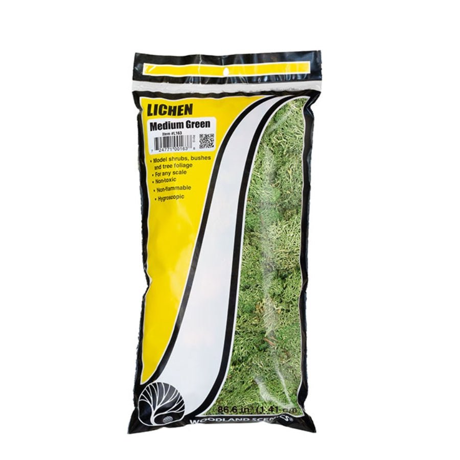 Woodland Scenics Medium Green Lichen with soft, leafy texture for realistic foliage in model railways, dioramas, and miniature terrain