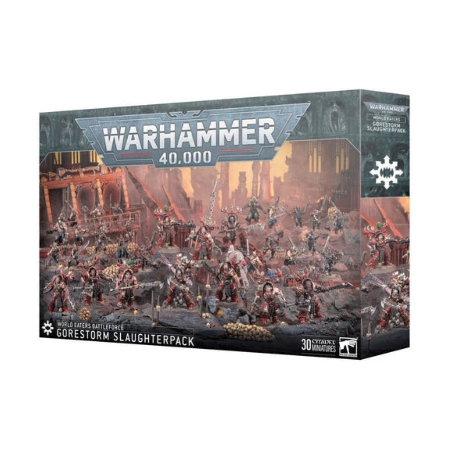 World Eaters Gorestorm Slaughterpack Warhammer 40K 67-04 army box with Berzerkers, Eightbound, Jakhals and Chaos HQ model.