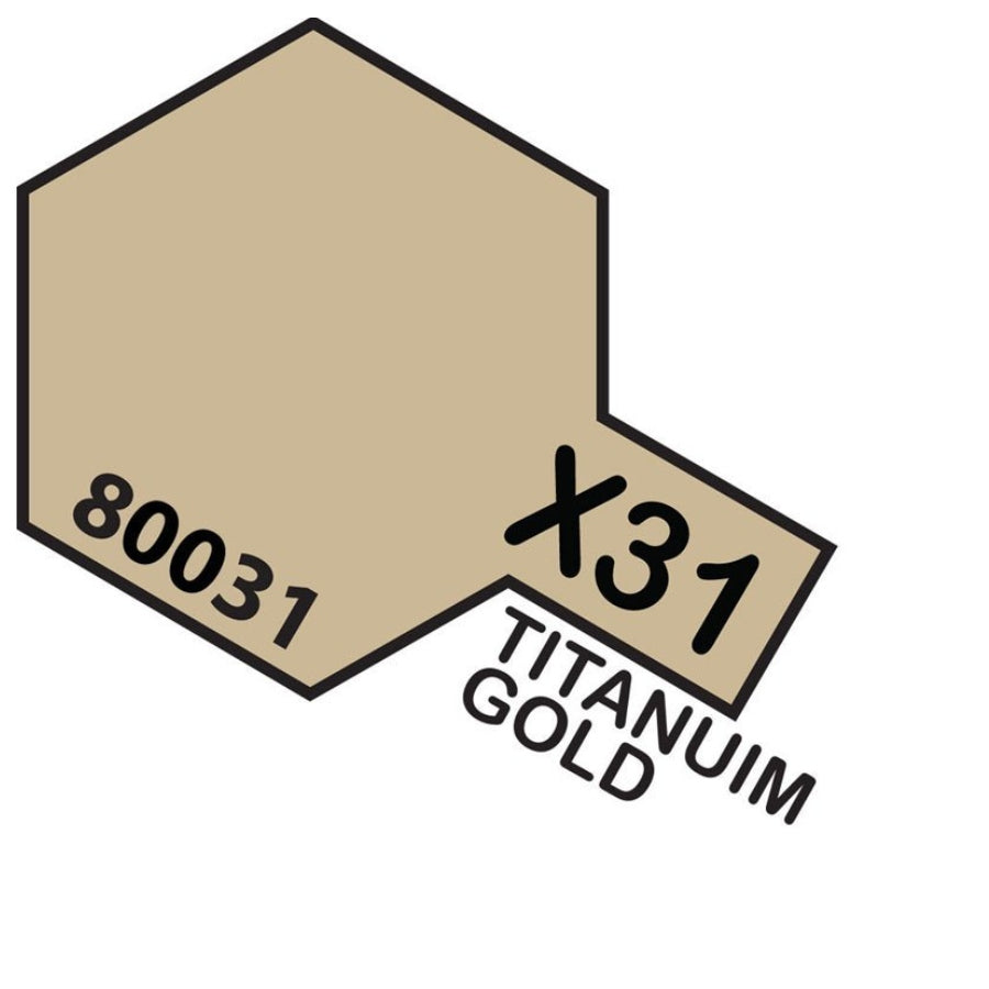 Tamiya Enamel X-31 Titanium Gold metallic paint jar for scale model finishing.