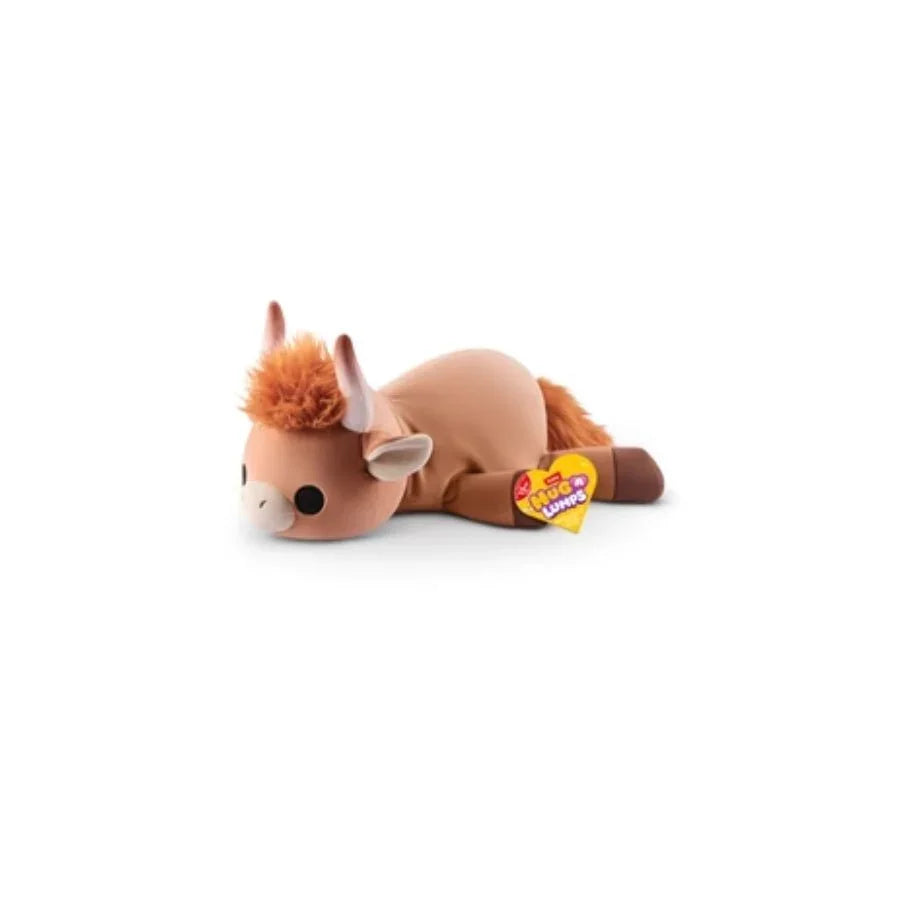 Cute brown plush bull toy with horns and fuzzy hair, lying down on a plain white background.