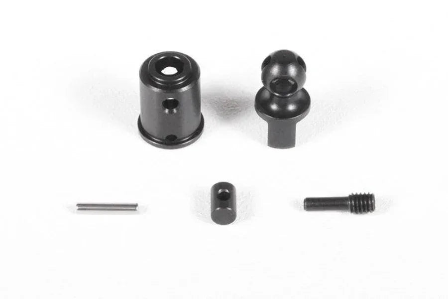 Black RC car suspension parts: ball joint, shock mount, pins, and screw for model kit upgrades