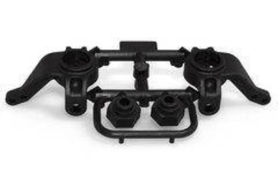 Black RC car chassis frame with suspension arms and mounting points for model kit assembly