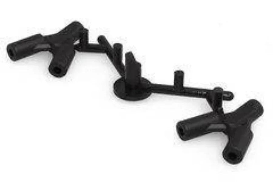 Black plastic model kit sprue with multiple parts for assembly, ideal for hobbyists and collectors.
