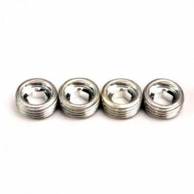 Four metallic threaded insert nuts for model kits and hobby projects