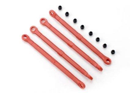 Red RC car suspension arms with black bushings for model vehicle upgrades