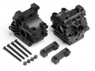 Black plastic model kit engine parts with screws and bolts for hobby assembly