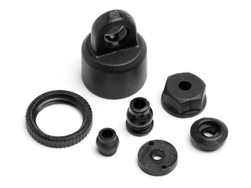 Black plastic model kit hardware parts including nuts, bolts, and washers for hobby assembly