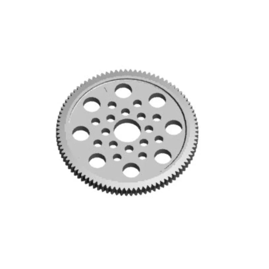 Metal gear with toothed edge and circular cutouts for RC car models and hobby kits
