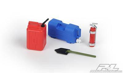 Red fuel can, blue toolbox, fire extinguisher, and shovel for model racing accessories