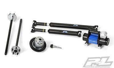 RC car upgrade parts: blue motor, drive shafts, gears, and differential for hobbyists