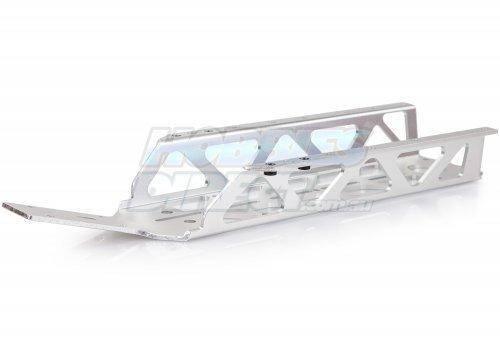 Silver metal RC car chassis frame with triangular cutouts, compatible with model kits and hobby builds