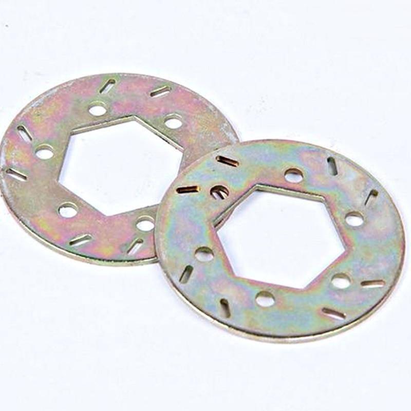 Two hexagonal metal washers with slotted holes, ideal for model kits and hobby projects