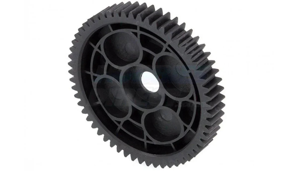 Black plastic gear with toothed edge and hollow center, ideal for model kits and RC hobbies