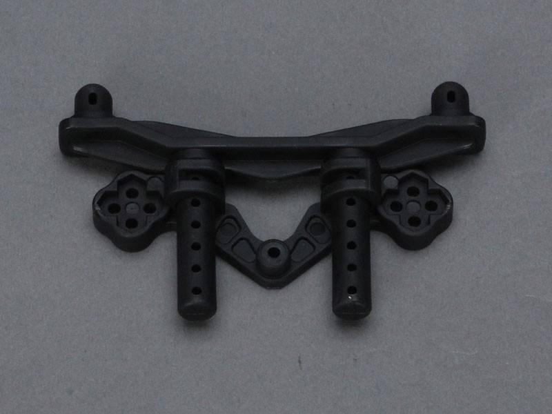 Black plastic model kit chassis part with mounting holes and connectors for RC car assembly