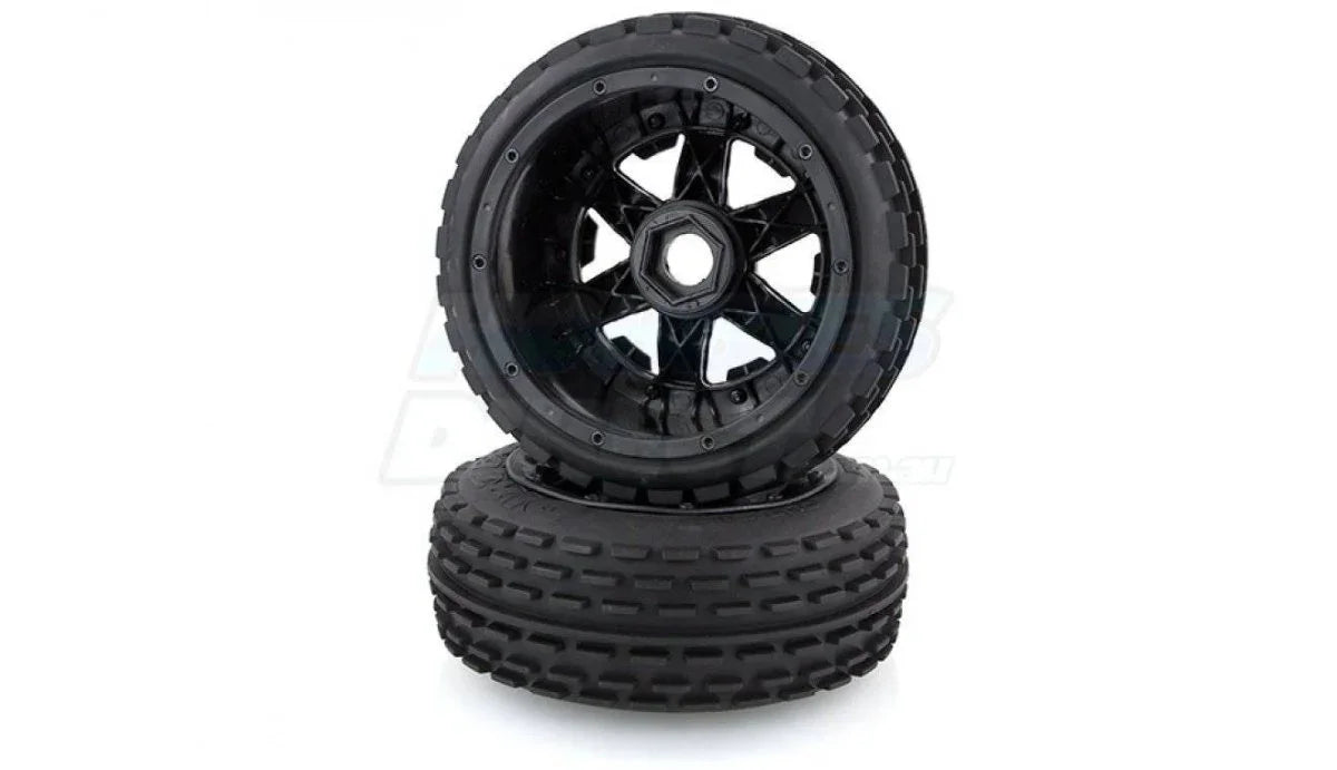 Black RC car tires and wheels with rugged tread, ideal for off-road model kits and hobby builds