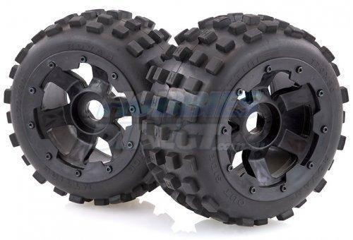 Black RC car tires with rugged tread and detailed rims for off-road model kits