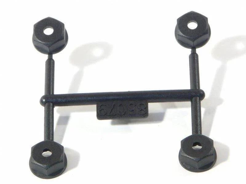 Black plastic model kit part with hex nuts and part number 67098 for hobby assembly