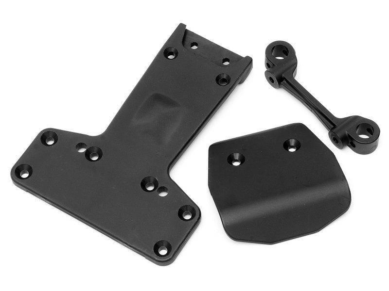 Black RC car chassis parts and suspension arms for model kit assembly