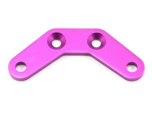 Pink aluminum RC car chassis brace with four mounting holes, precision-cut for hobby models