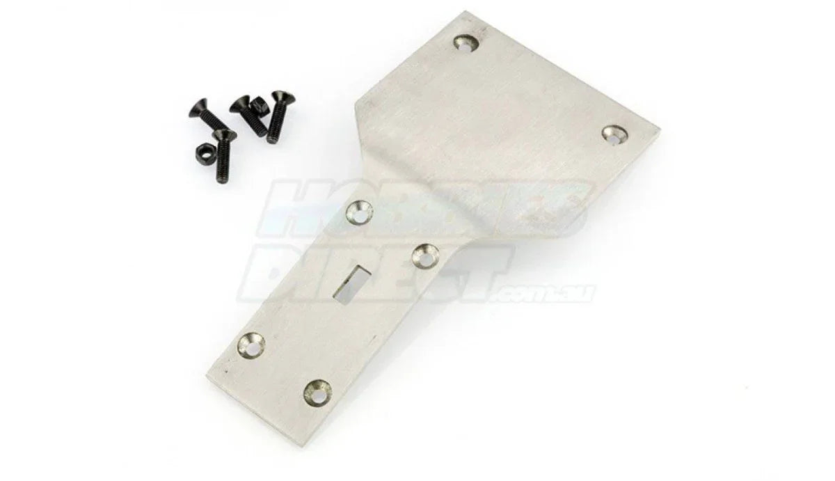Metal RC car chassis plate with mounting screws for model kit assembly