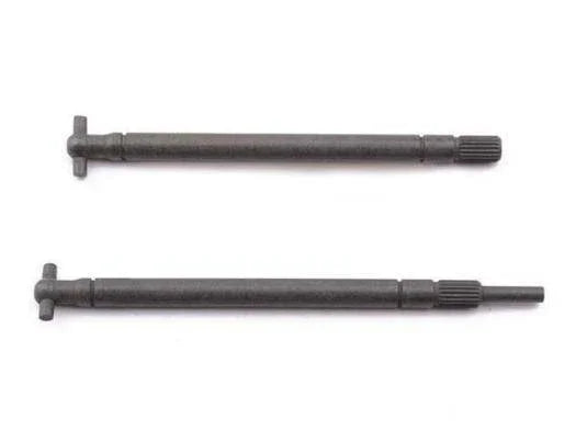 Black metal axles for model kits, featuring gear teeth and T-shaped ends, ideal for hobby builds.