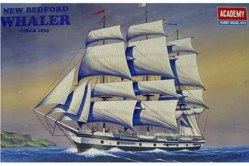 Academy New Bedford Whaler model kit, circa 1835, sailing ship with full sails on ocean waves