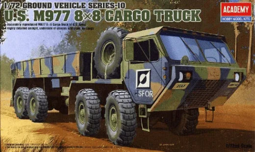 1/72 scale U.S. M977 8x8 cargo truck model kit, Academy brand, military vehicle with camouflage paint and spare tire