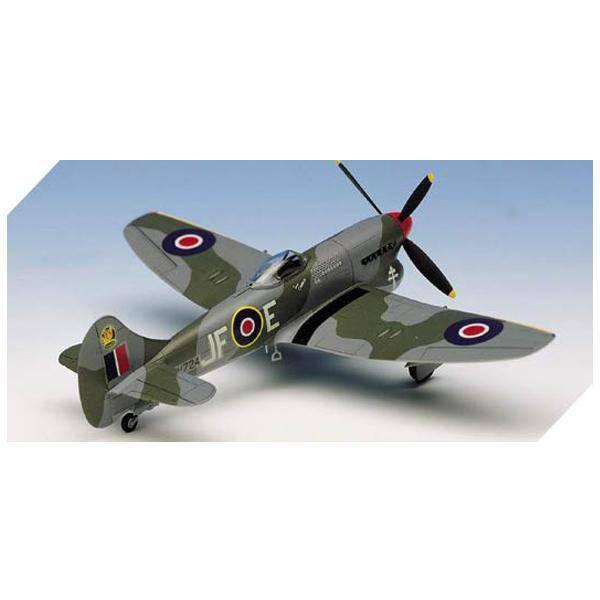 WWII Spitfire model kit with RAF roundels, camouflage paint, and propeller details for hobby collectors