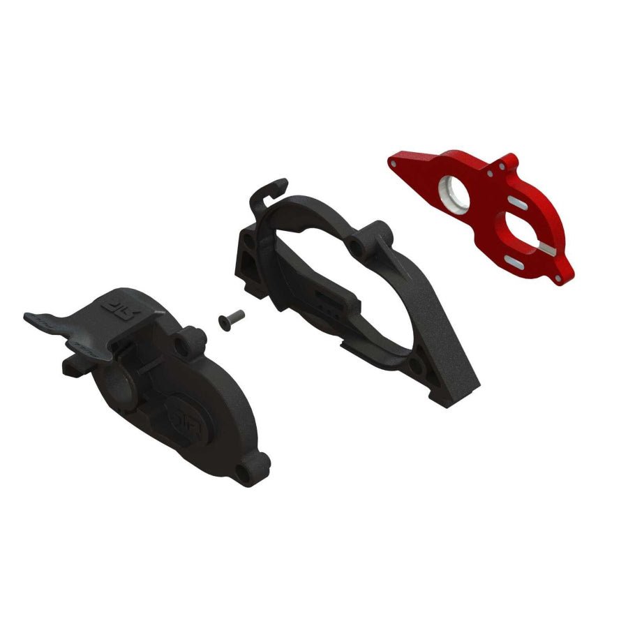 ARRMA ARA311106 Aluminum Motor Mount Set – red anodised aluminium plate, motor mount replacement kit for RC trucks, rock crawlers, and 4WD brushless builds.