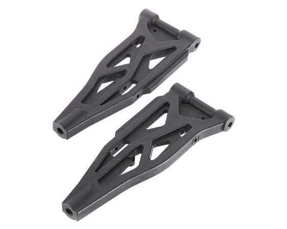 Black RC car suspension arms for model kits, precision-engineered with cutouts for lightweight performance.