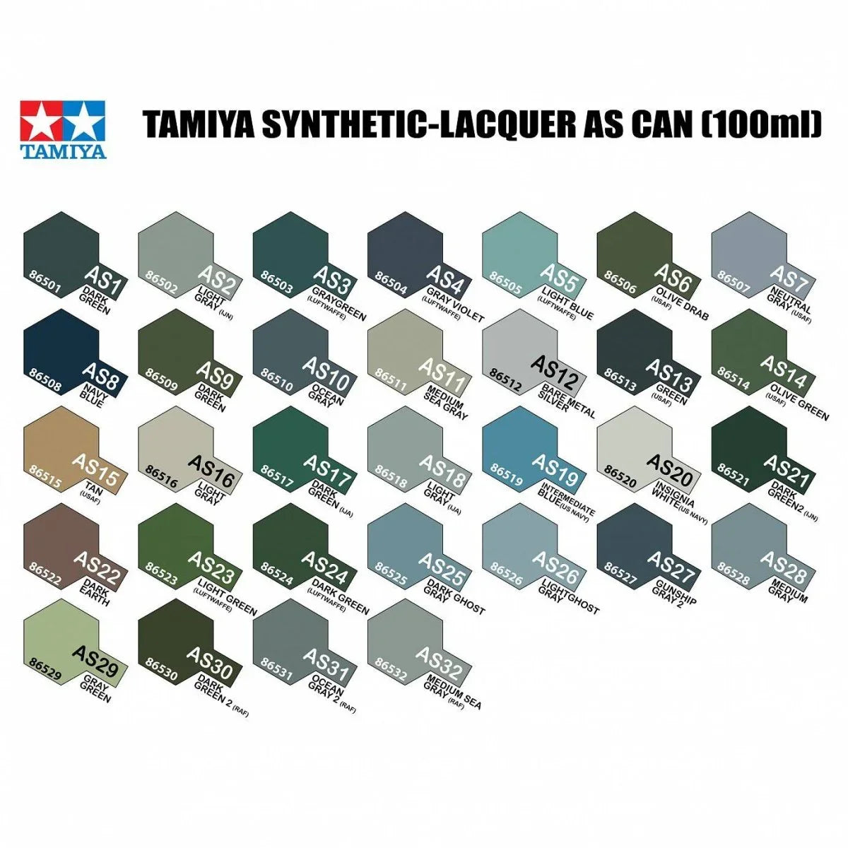 Tamiya Synthetic-Lacquer AS Can 100ml paint swatches for model kits, featuring AS1-AS32 colors