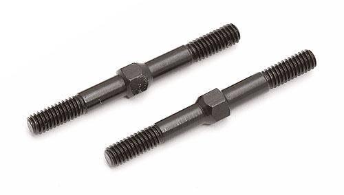 Two black threaded rod connectors for model kits and hobby projects