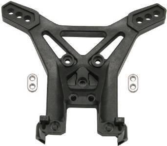 Black RC car chassis frame with mounting holes and metal washers for model kit assembly