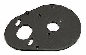 Black plastic model kit part with cutouts and screw holes for hobby assembly