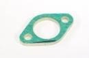 Green automotive gasket with two bolt holes, used for engine sealing in model kits or vehicle repairs.