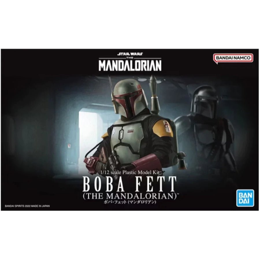 Bandai 1/12 scale The Mandalorian Boba Fett model kit fully built and posed with blaster rifle and jetpack.