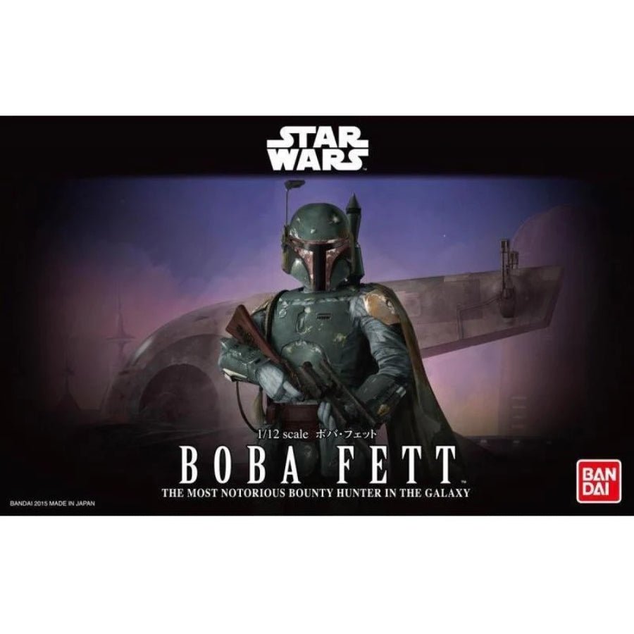 Bandai 1/12 scale Star Wars Boba Fett model kit fully built and posed with blaster.