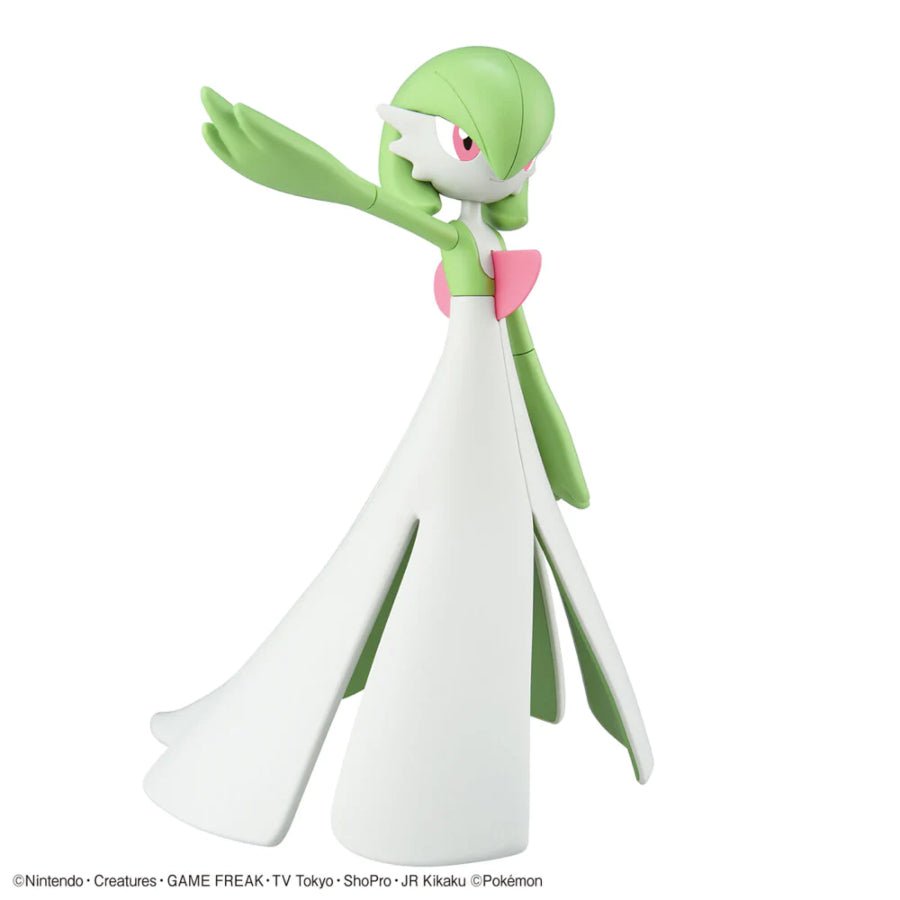 Bandai Gardevoir Pokémon model kit fully assembled and displayed on a stand.