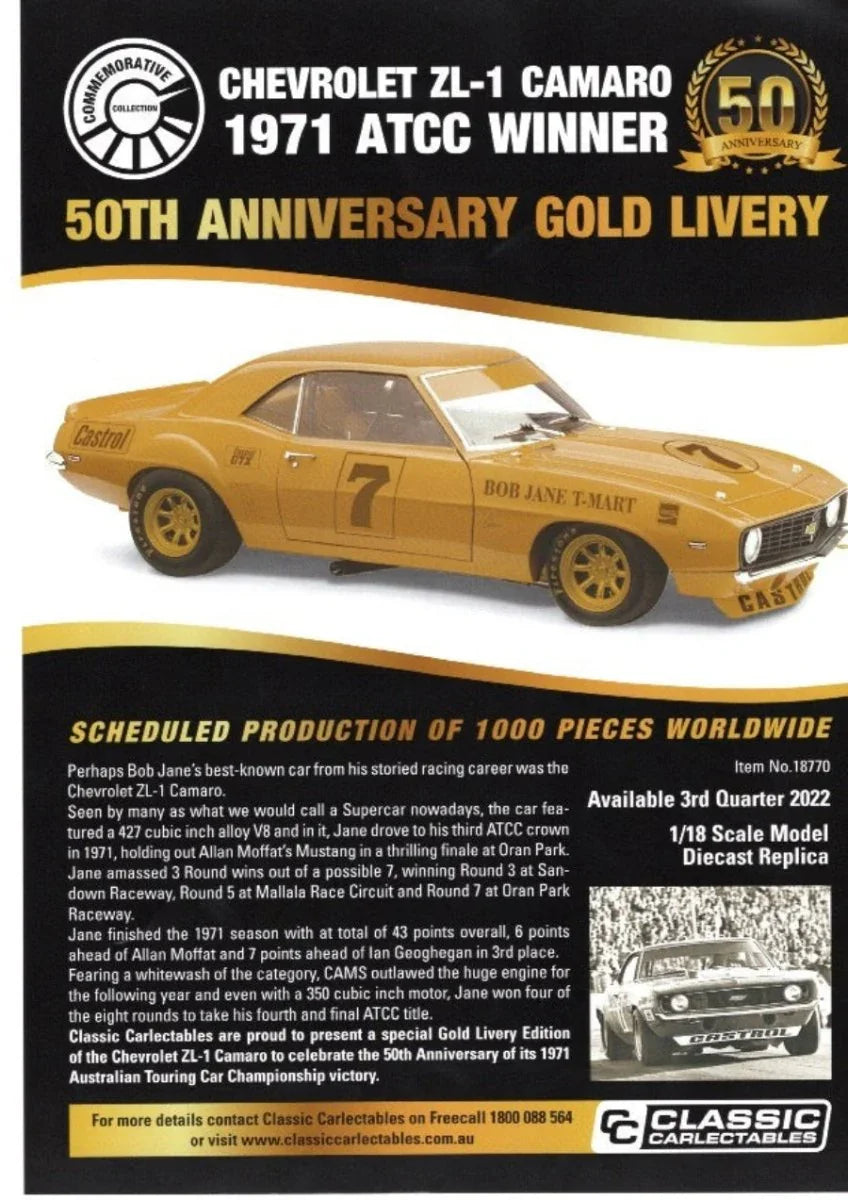 Classic Carlectables 1/18 Chevrolet ZL-1 Camaro 1971 Diecast - image 2