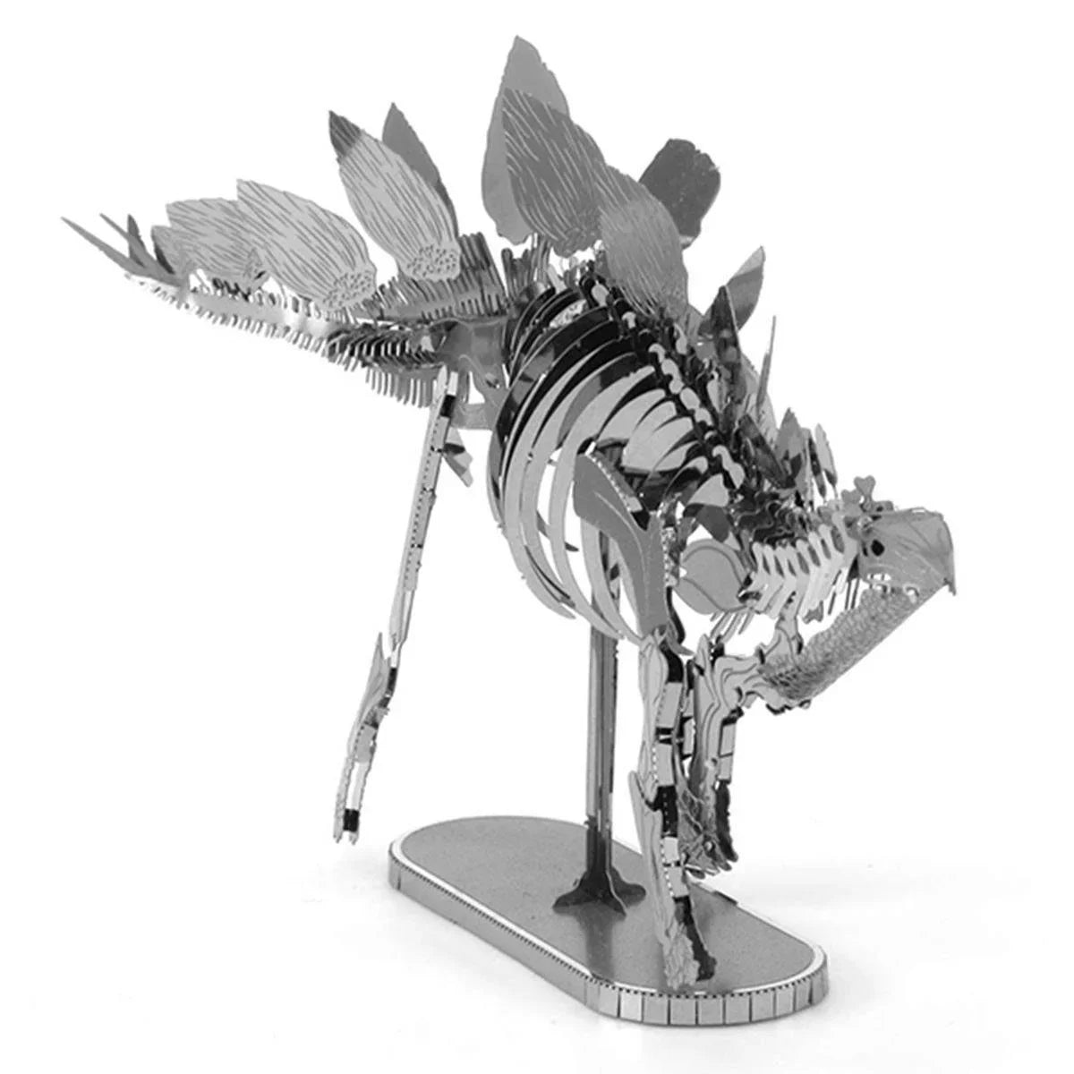 Metal Stegosaurus skeleton model kit with detailed plates and tail spikes, perfect for dinosaur enthusiasts and collectors.