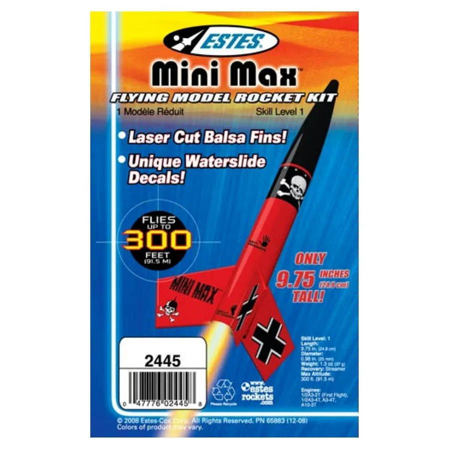 Estes Mini Max flying model rocket kit with laser-cut balsa fins, skull decals, flies up to 300 feet, skill level 1