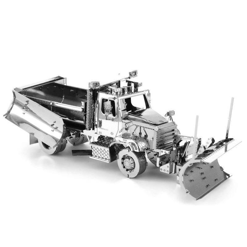 Metallic 3D puzzle model of a snowplow truck with detailed cab and plow attachment