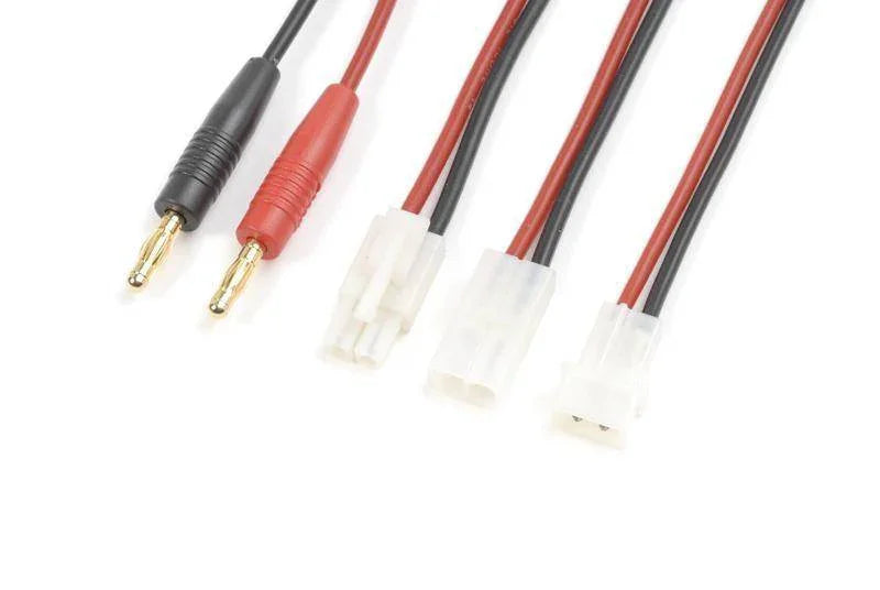 Red and black electrical cables with gold-plated banana plugs and white connectors for hobby electronics