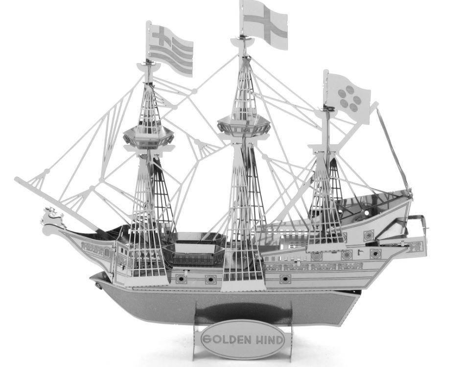 Golden Hind 3D metal model ship kit with detailed sails and flags, perfect for hobbyists and collectors.