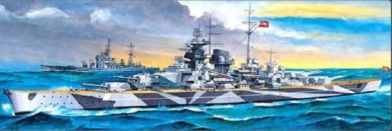 WWII battleship model kit with camouflage paint, sailing on ocean waves under cloudy sky